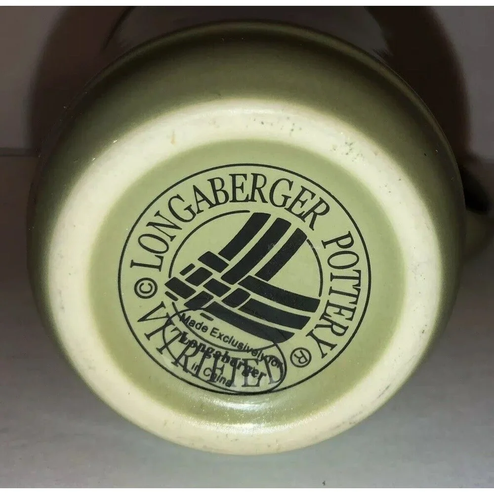 Longaberger Vitrified Pottery Green Coffee Mug Basket Weave Design 6 1/4